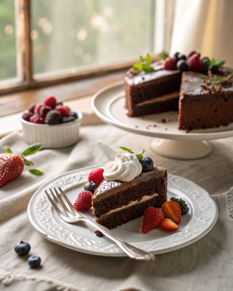 Slice of sugar free chocolate cake with whipped cream