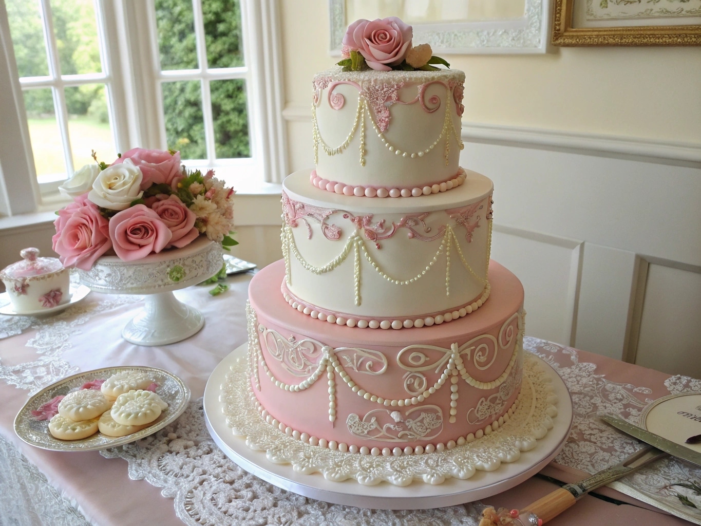 Lambeth cake piping tips on vintage three-tier cake