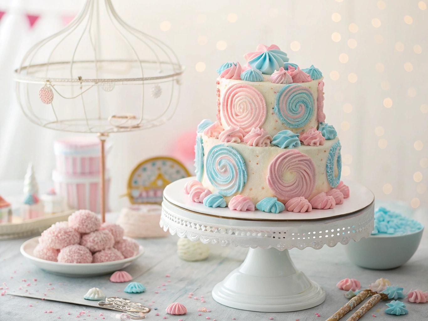 Cotton candy cake with pink and blue swirls on white cake stand