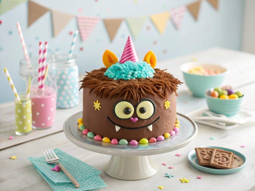 Labubu birthday cake decorated with chocolate frosting and fondant
