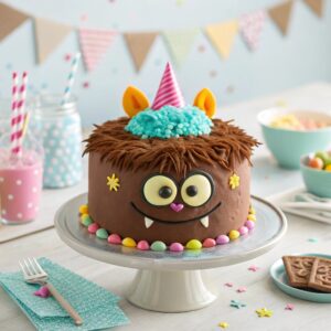 Labubu birthday cake decorated with chocolate frosting and fondant