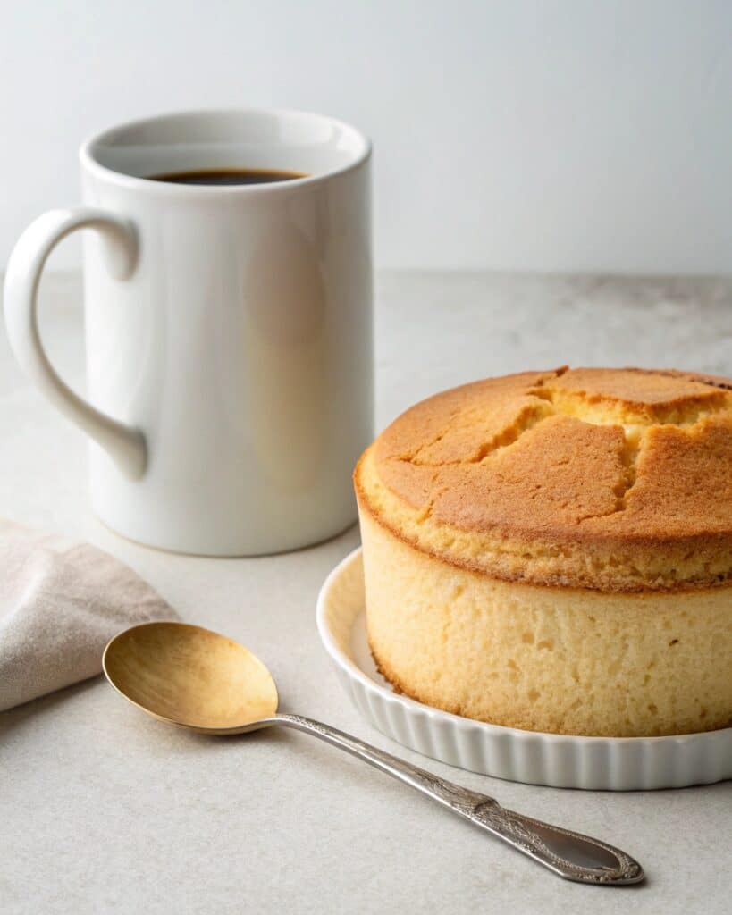 vegan vanilla mug cake in ceramic cup