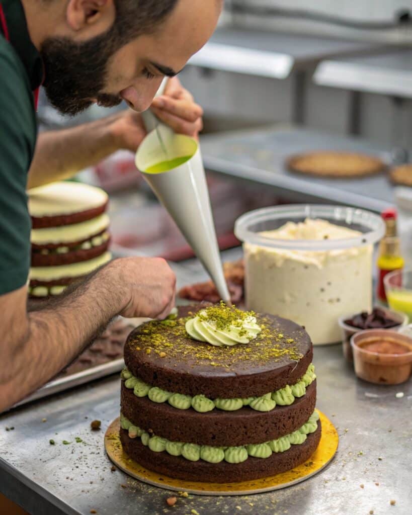 Filling layers of Dubai chocolate cake with pistachio cream