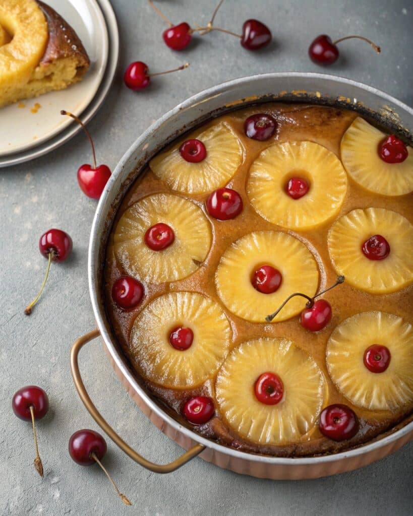 Pineapple rings and cherries arranged in caramel for upside down cake