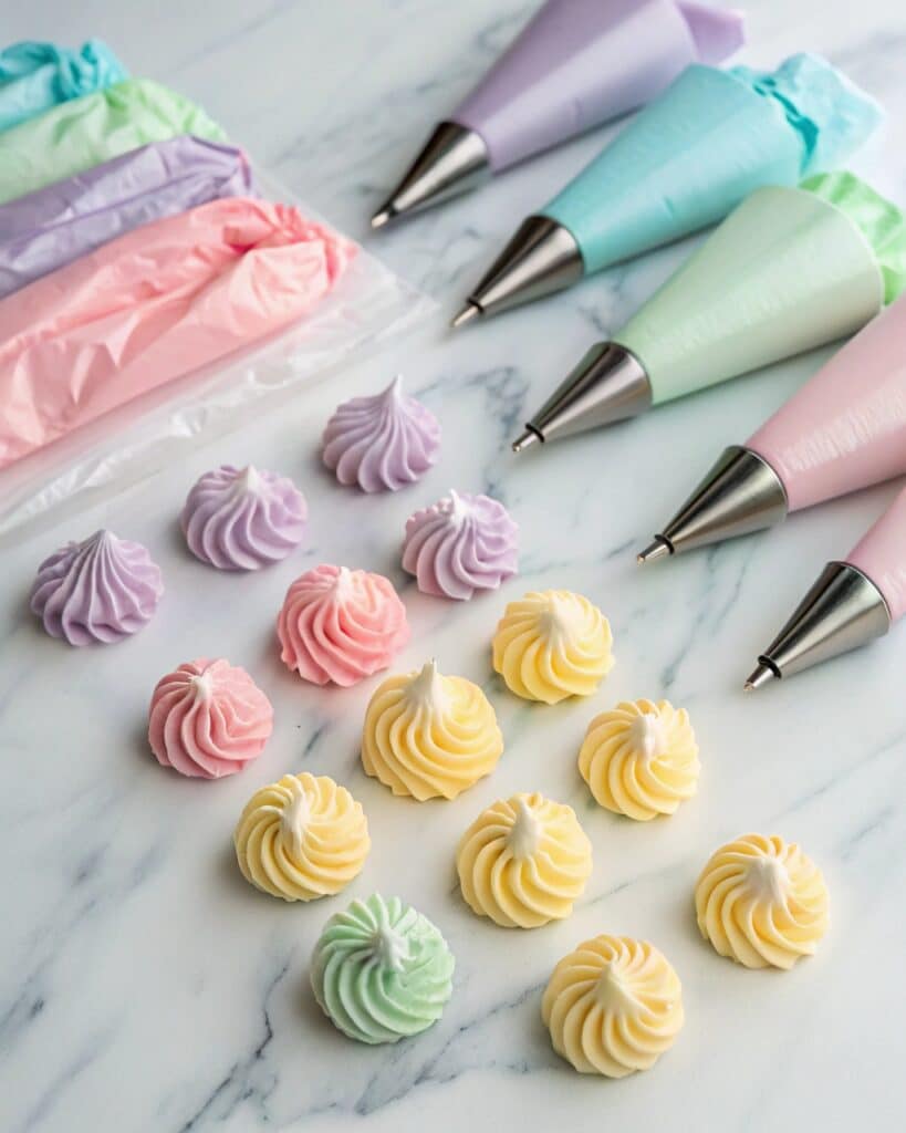 Assorted Lambeth cake piping tips with piping bags and buttercream