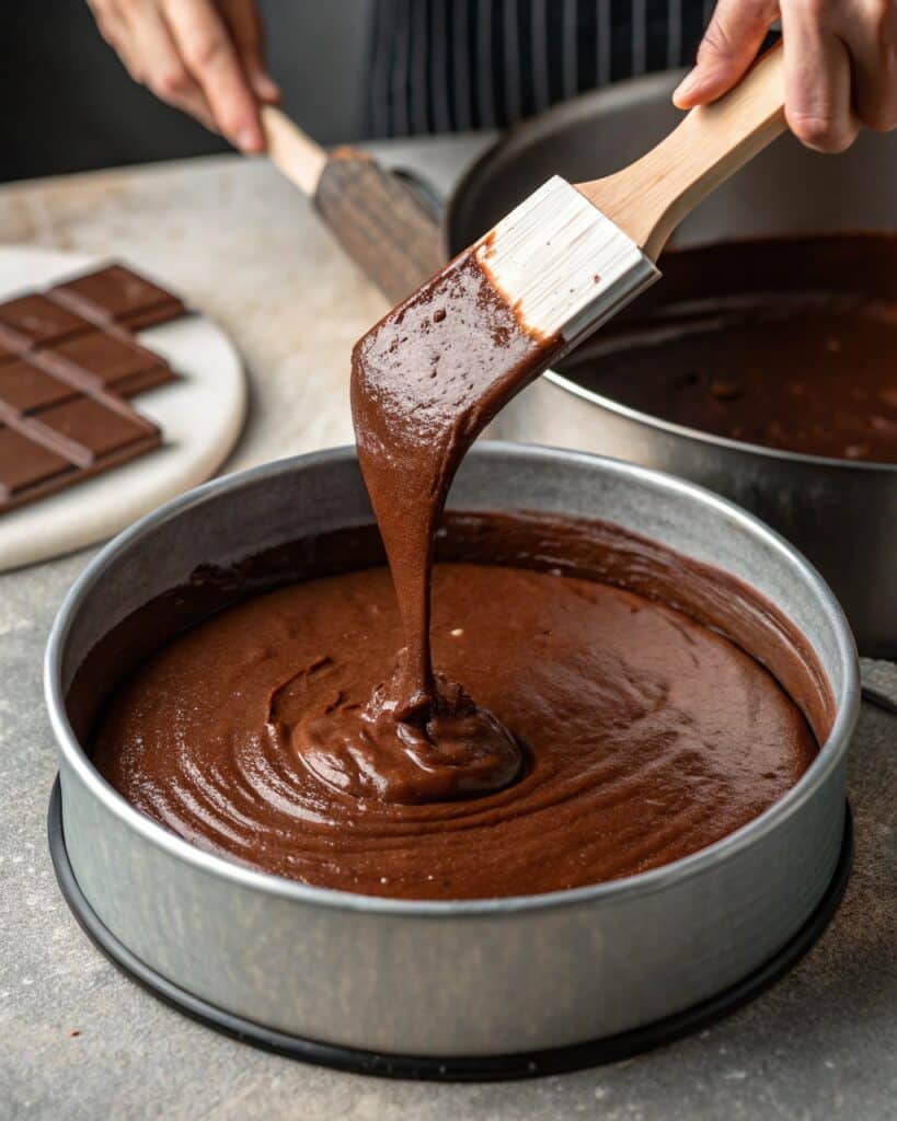 Pouring sugar free cake batter into pan