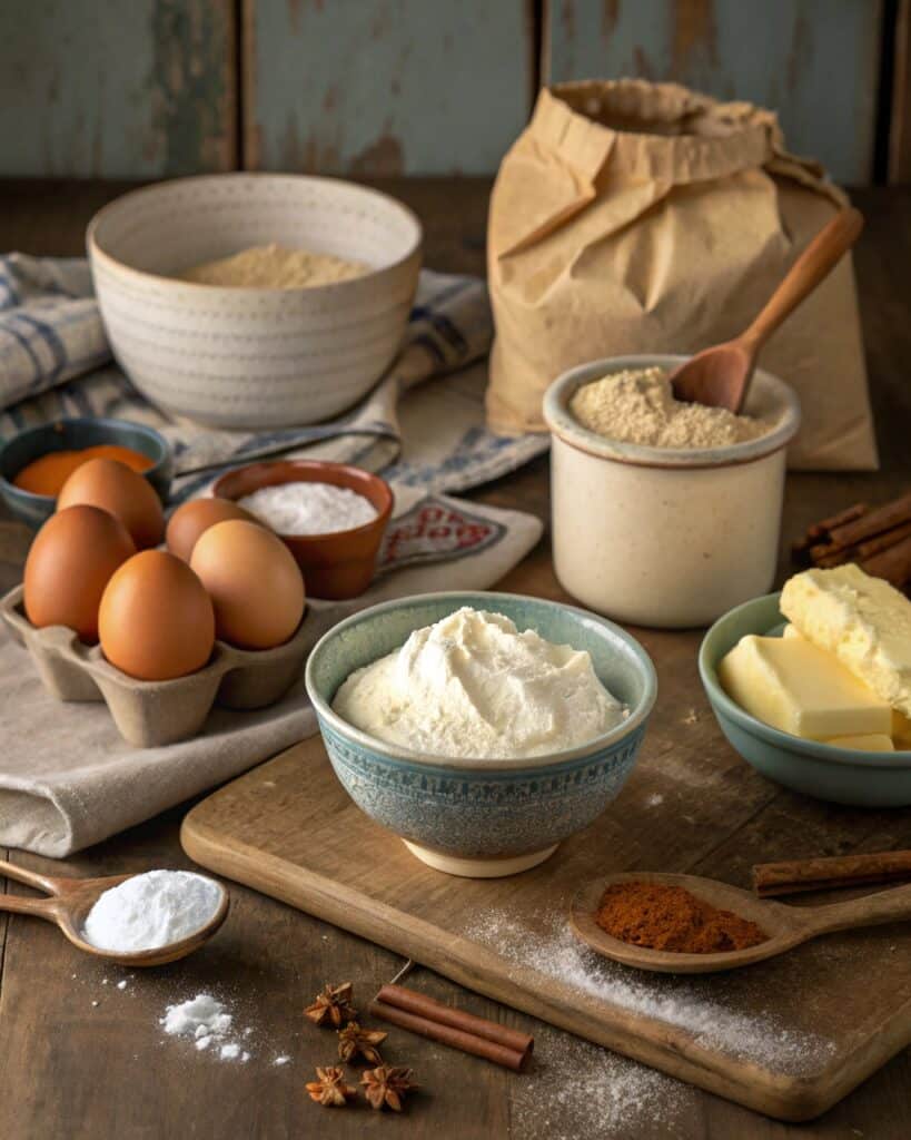 Ingredients for Lady Linda Coffee Cake laid out on counter