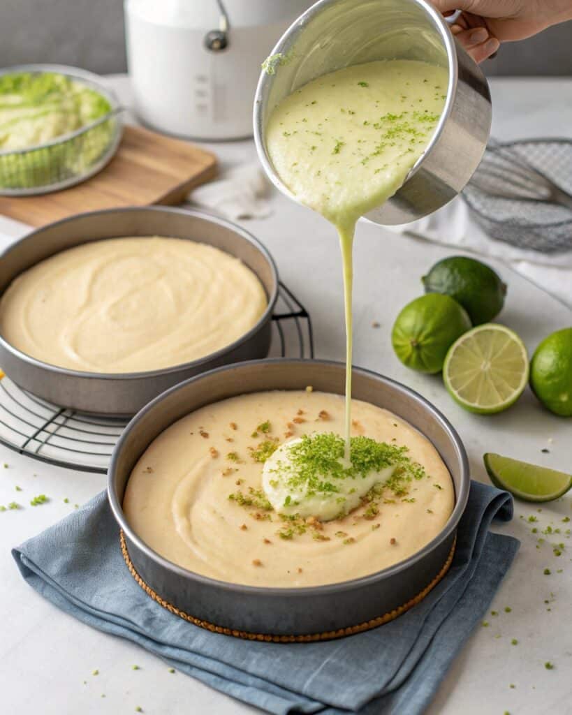 Key lime cake batter poured into pans
