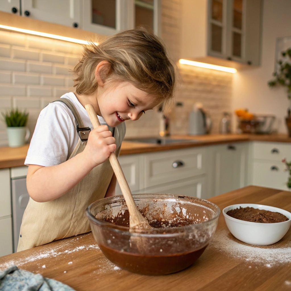 Child mixing batter for easy chocolate cake for kids