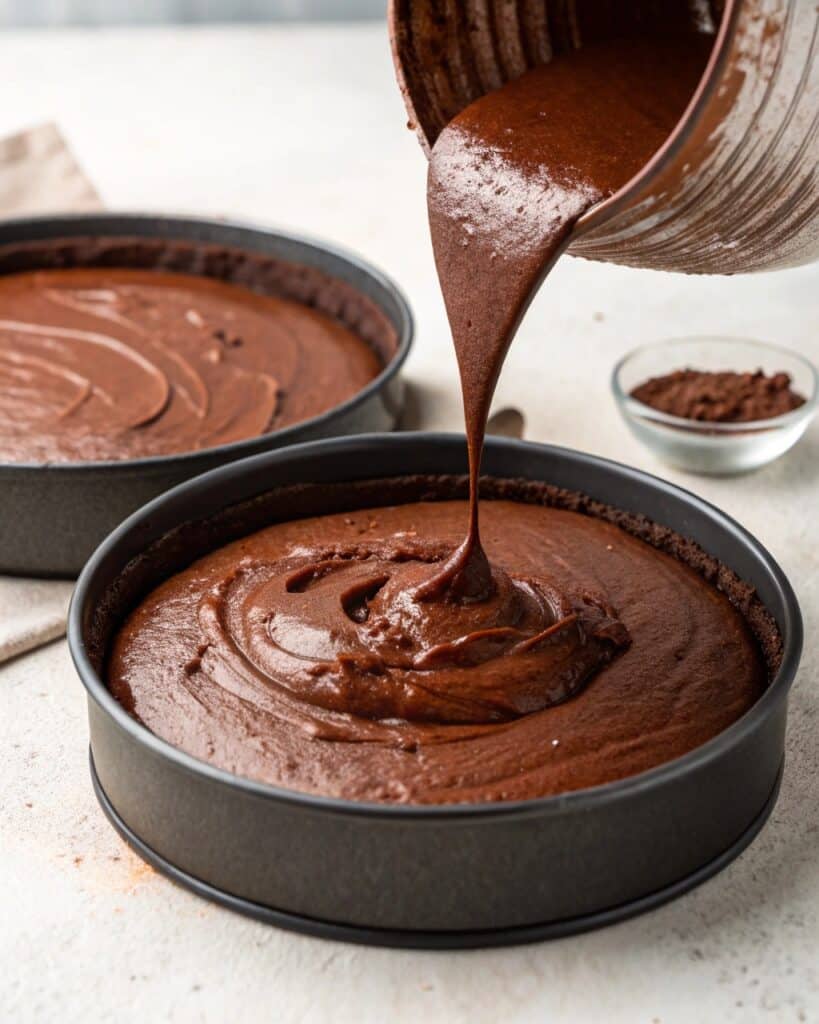 pouring chocolate cake batter into pans