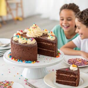 Sliced easy chocolate cake for kids served with toppings