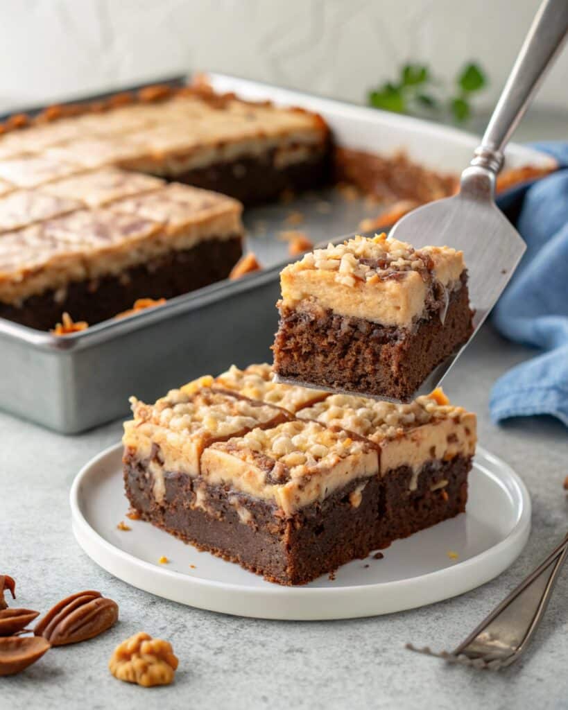 Serving a square of German chocolate poke cake