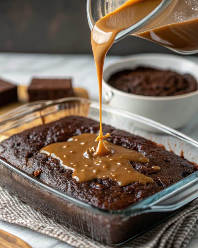 Pouring caramel and condensed milk into poke cake
