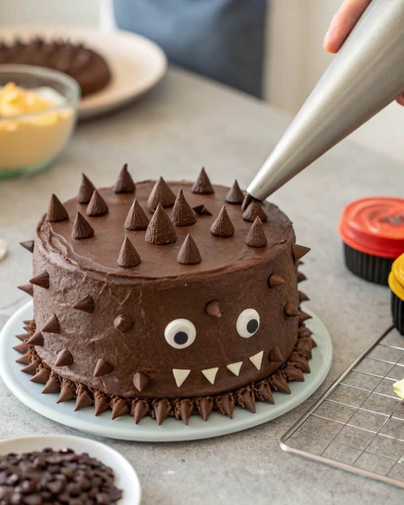 Stacking chocolate cake layers with ganache for Labubu cake