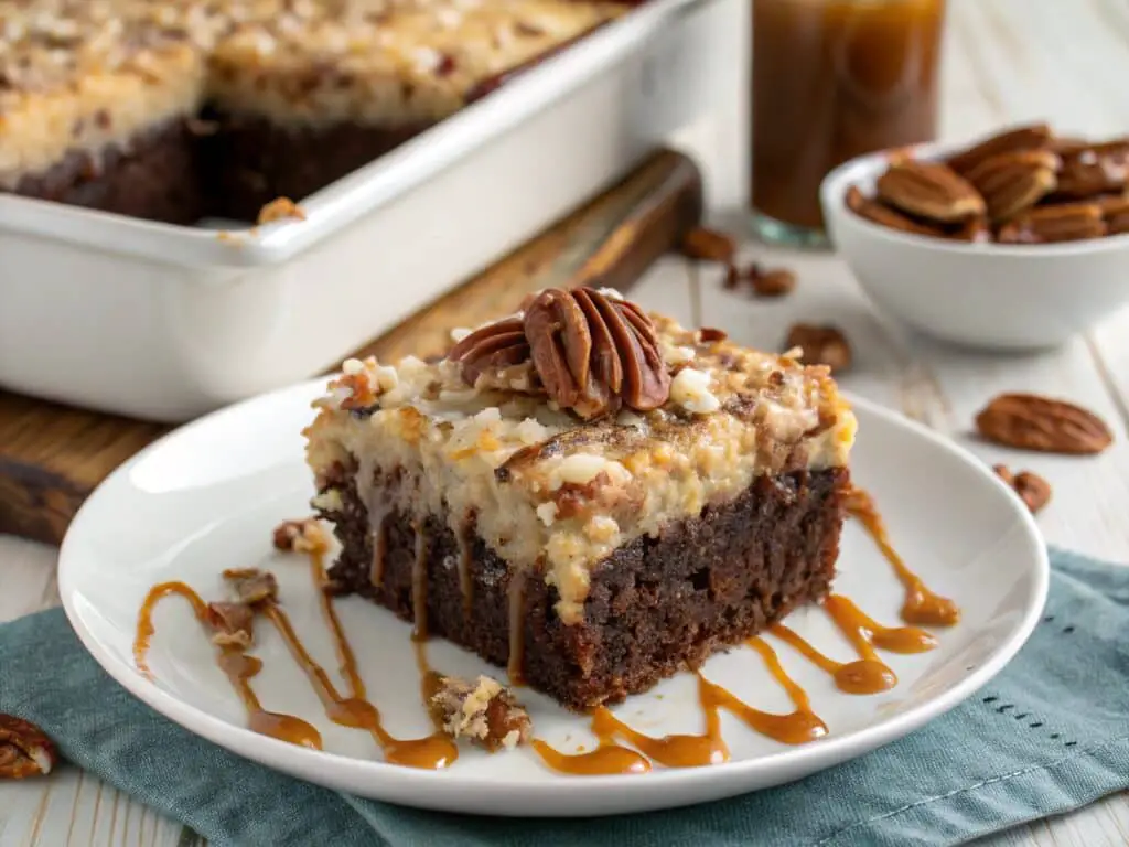 German chocolate poke cake slice with frosting and caramel