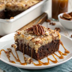 German chocolate poke cake slice with frosting and caramel