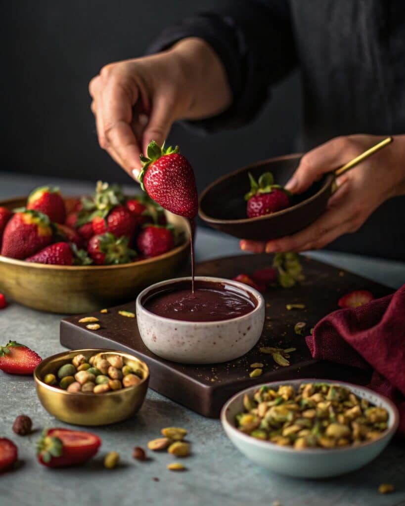 Dipping strawberries in ruby chocolate