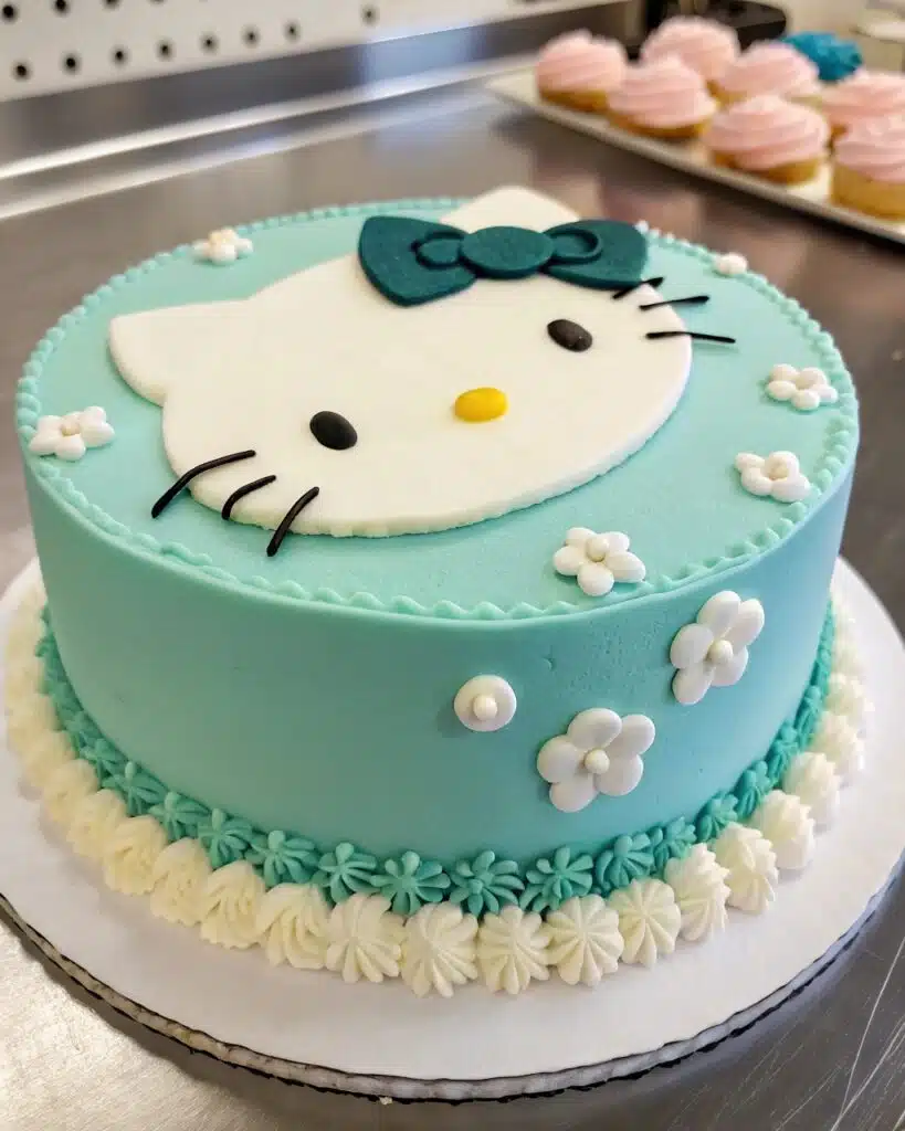 Gender-neutral Hello Kitty cake in teal and white