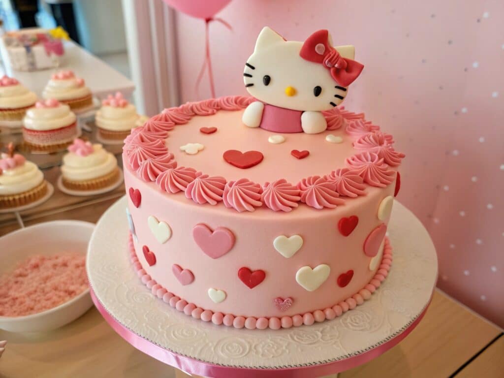 Pink Hello Kitty birthday cake with fondant bow and sprinkles