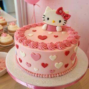 Pink Hello Kitty birthday cake with fondant bow and sprinkles