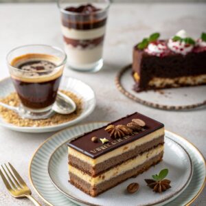 serving opera cake and tiramisu