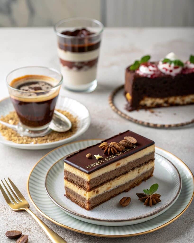 serving opera cake and tiramisu