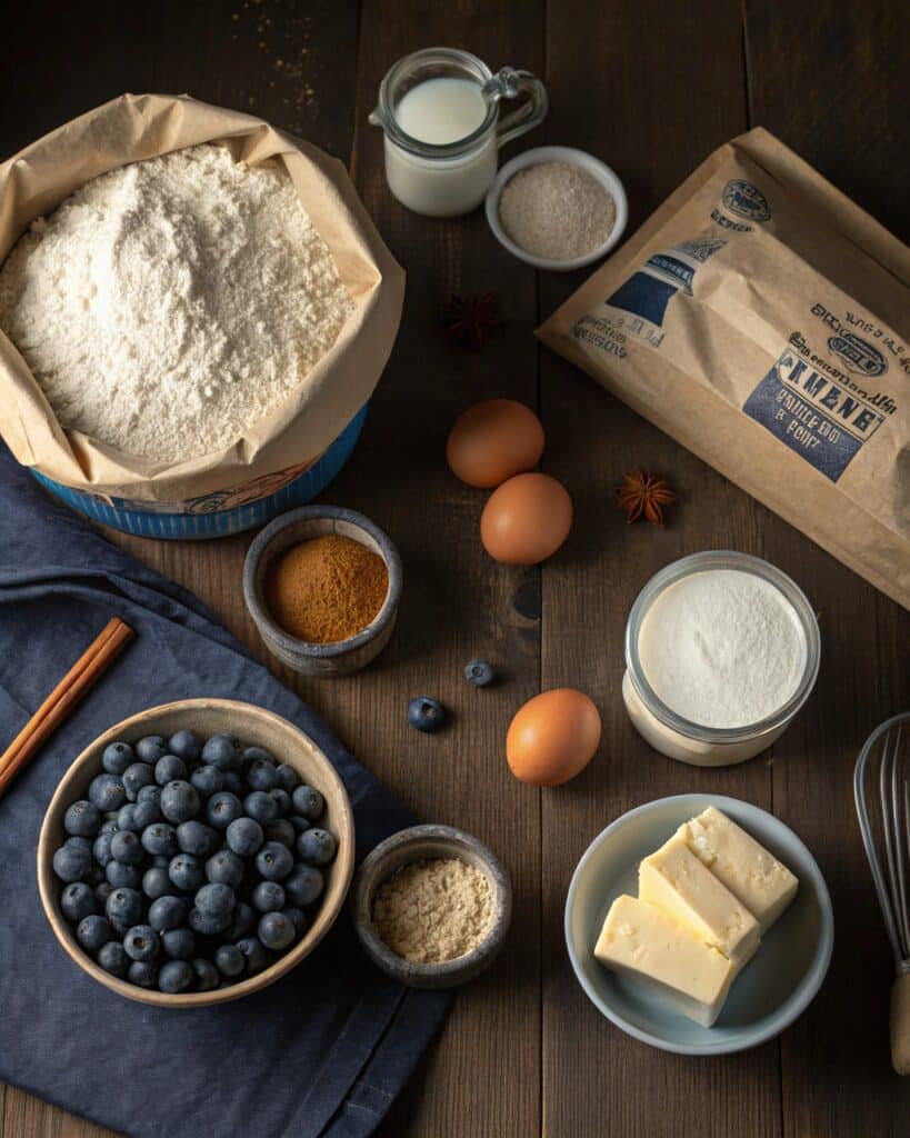 Ingredients for blueberry and classic coffee cake recipe