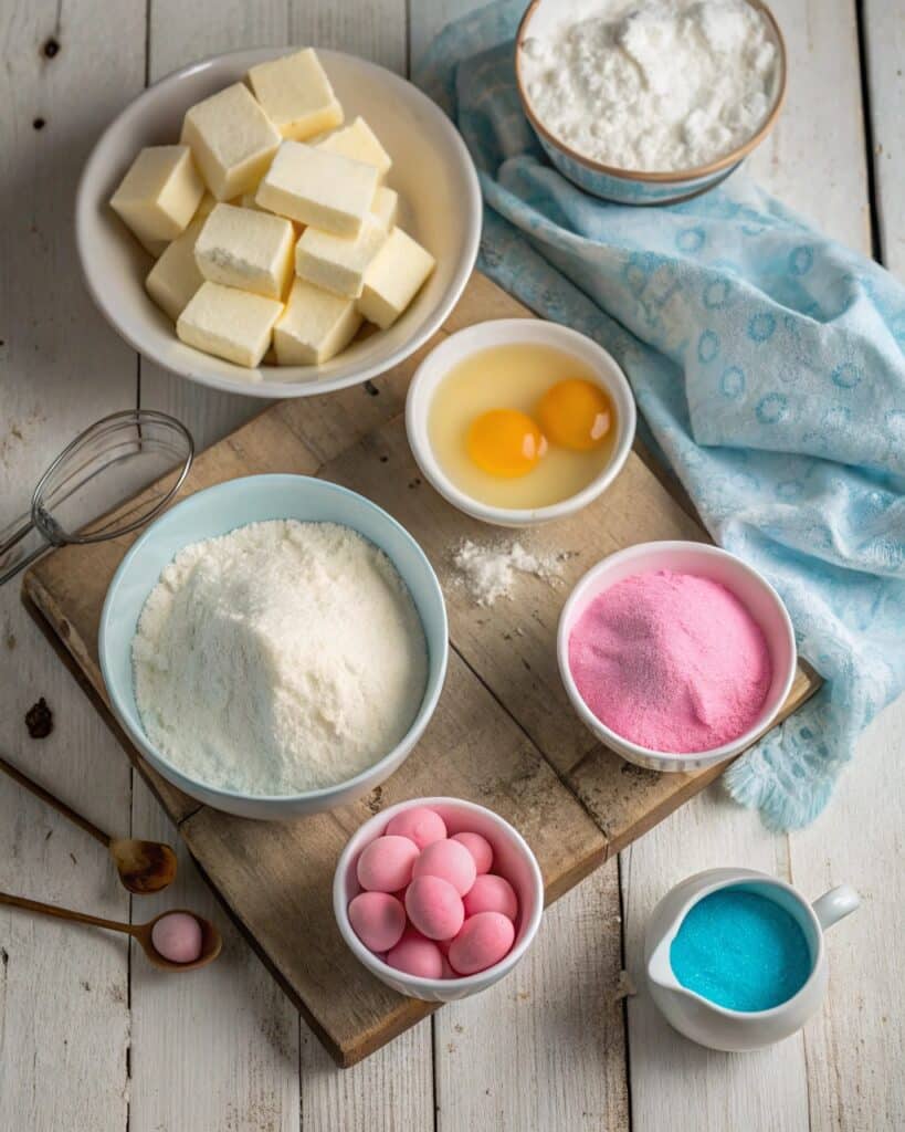 Ingredients for cotton candy cake on wooden surface