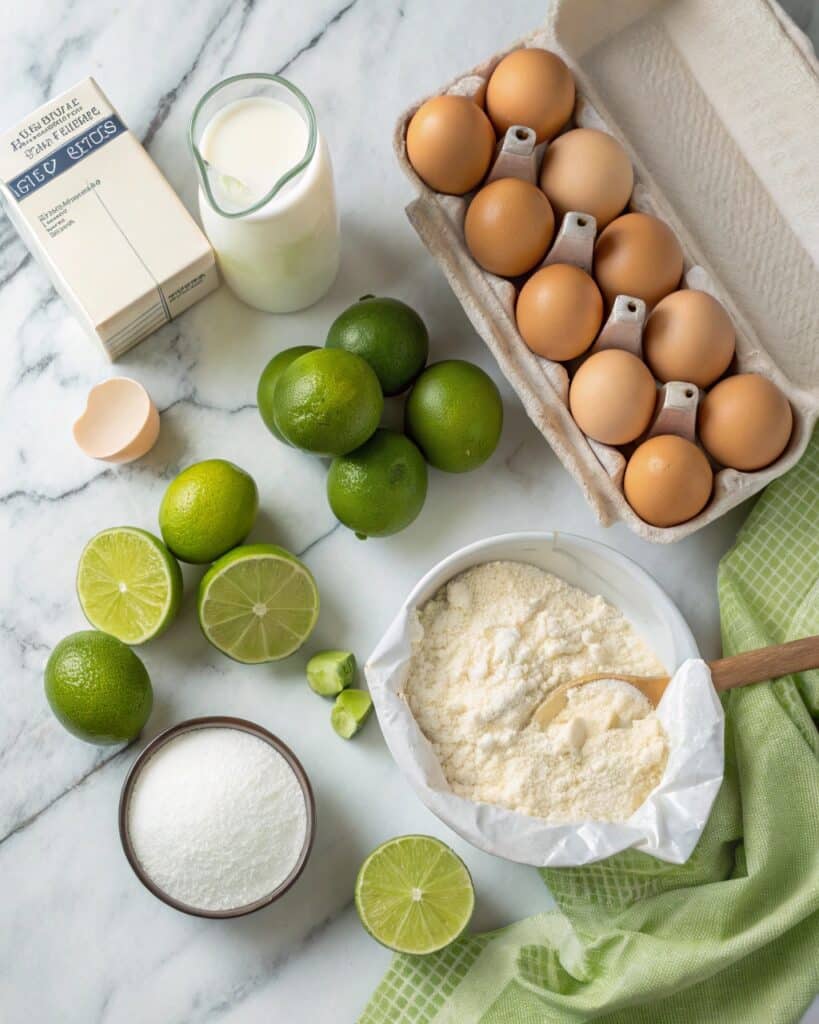 Ingredients for key lime cake recipe on countertop