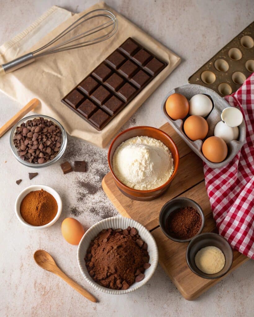 Ingredients for Labubu chocolate cake including cocoa, flour, and eggs