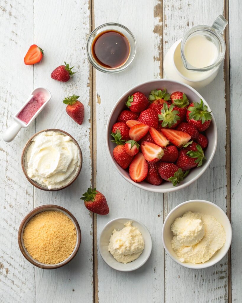 Strawberry Shortcake Ice Cream Recipe That Tastes Like Summer 4 Ingredients for strawberry shortcake ice cream on a rustic wooden surface