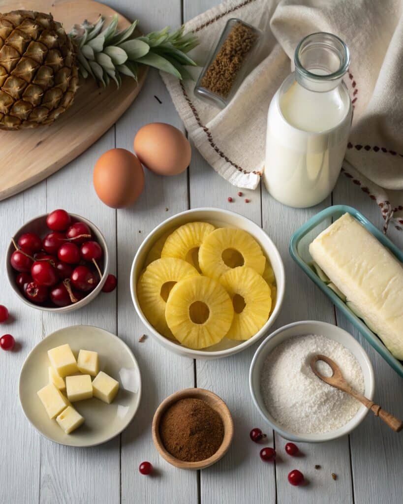 Ingredients for cake pineapple upside recipe on wooden table