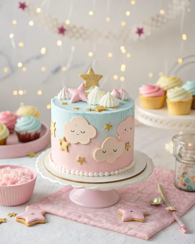 Labubu cake styled for Instagram with pastel backdrop and props