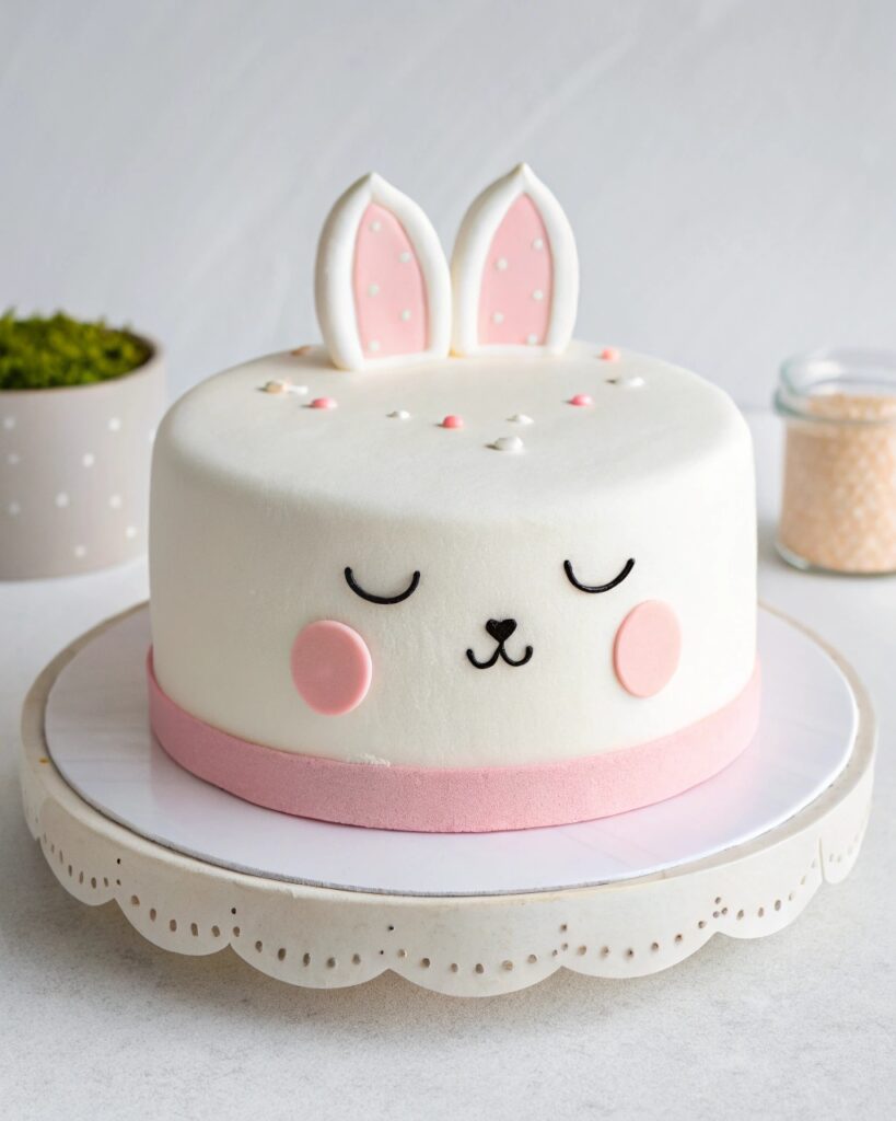 Minimalist Labubu cake with clean fondant face and soft tones