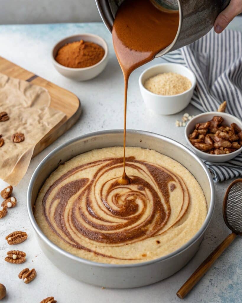 Adding cinnamon swirl to coffee cake batter