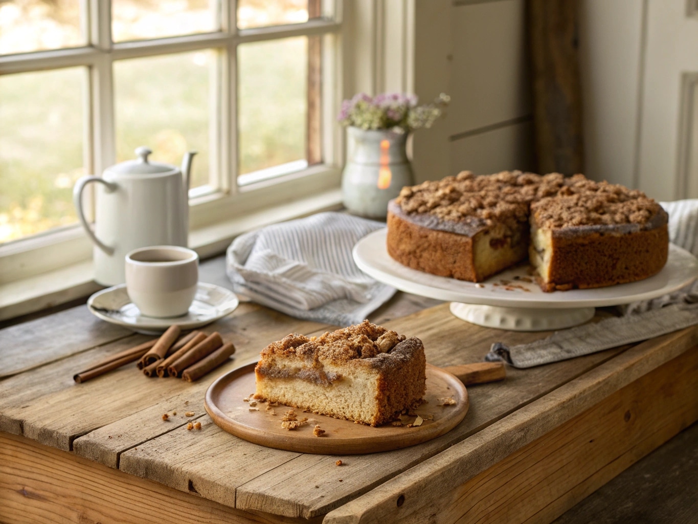 Lady Linda Coffee Cake sliced on rustic wooden table