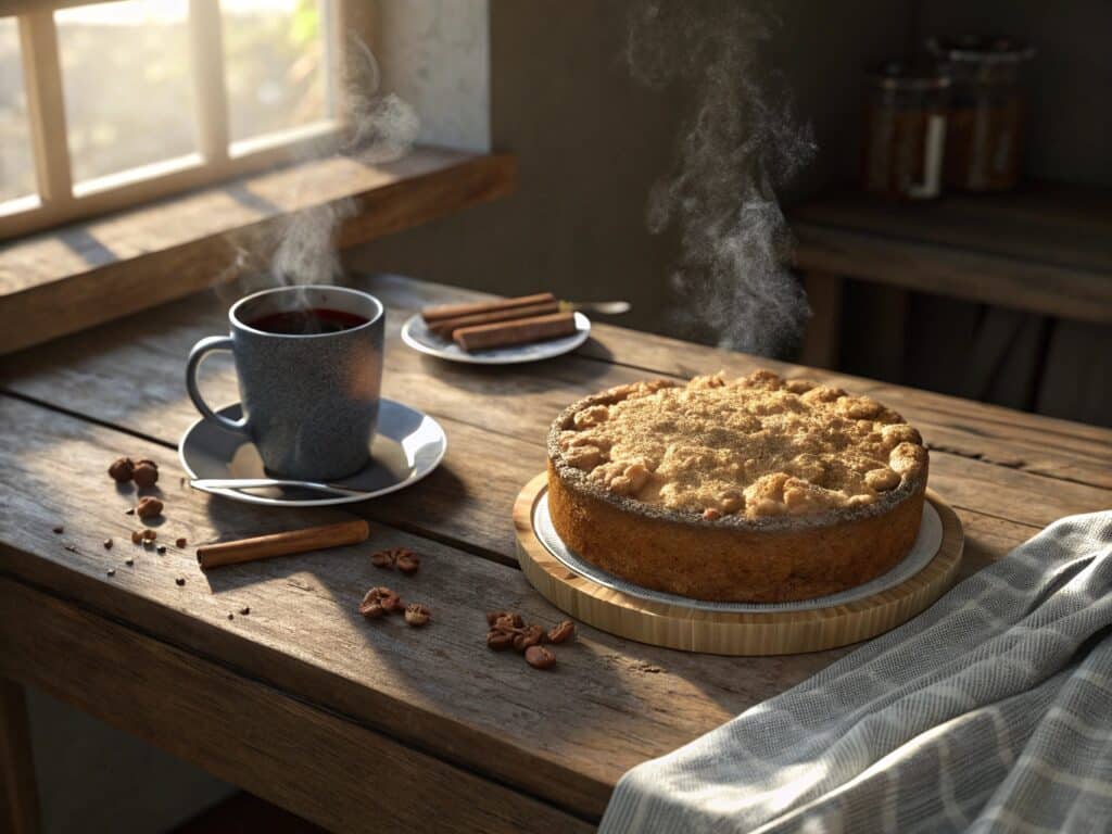 Freshly baked coffee cake recipe with cinnamon crumble