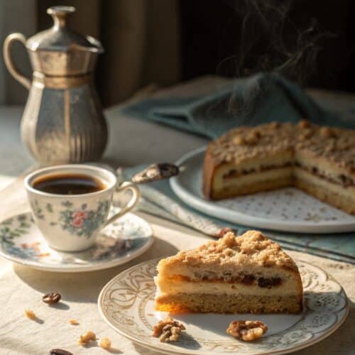 A slice of Lady Linda Coffee Cake served with coffee
