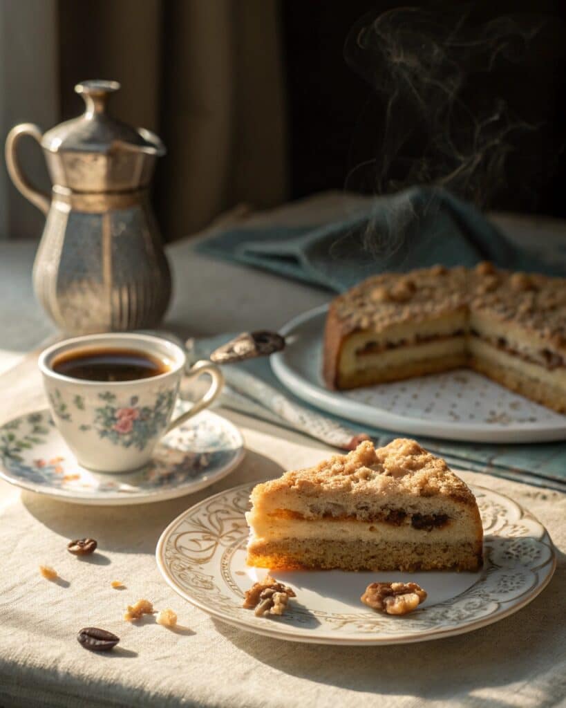 A slice of Lady Linda Coffee Cake served with coffee