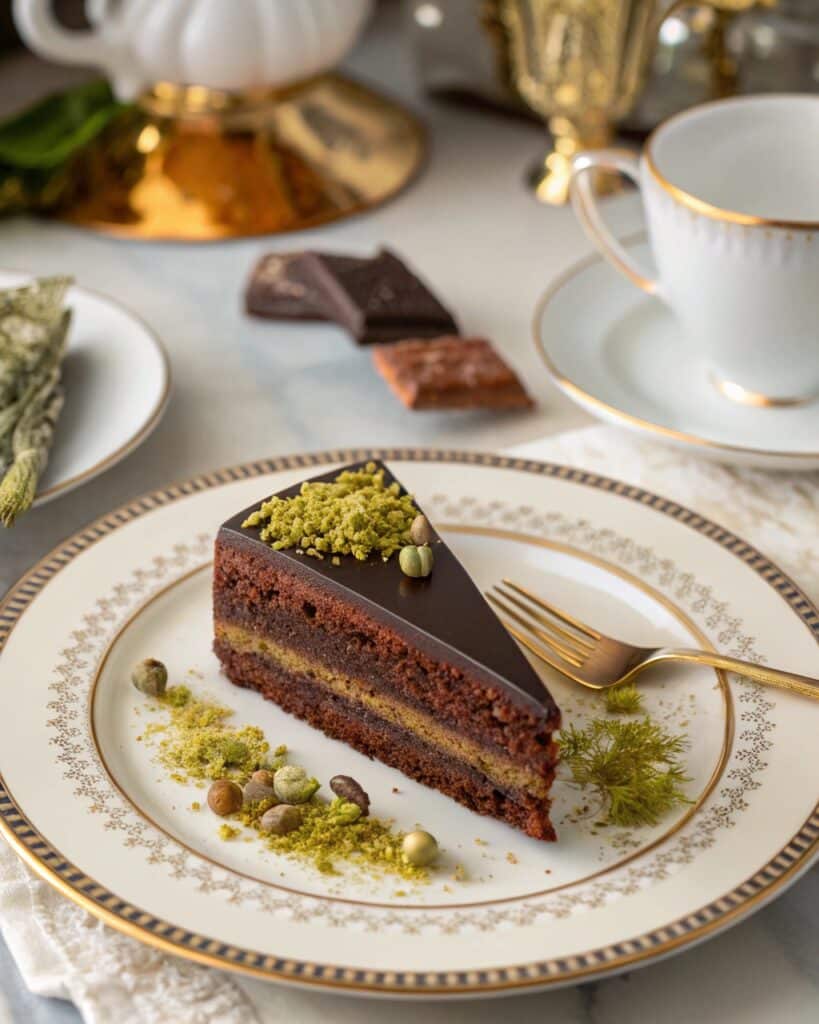 A slice of Dubai chocolate cake served with pistachios