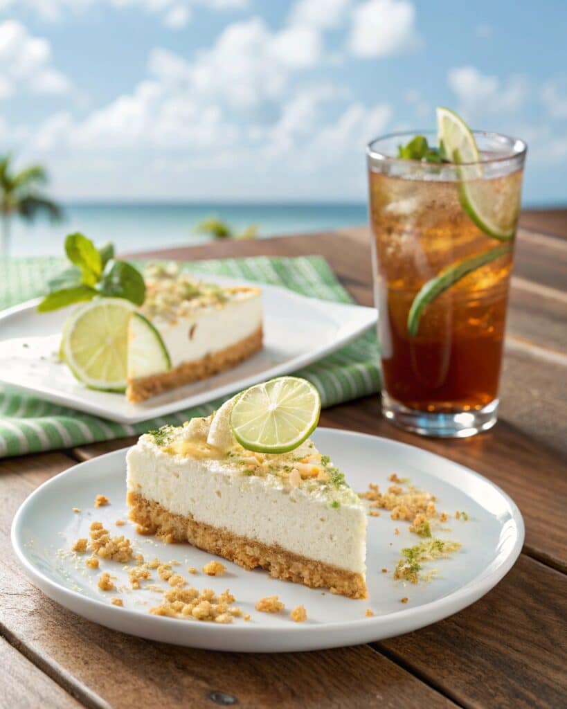 Slice of key lime cake served with iced tea