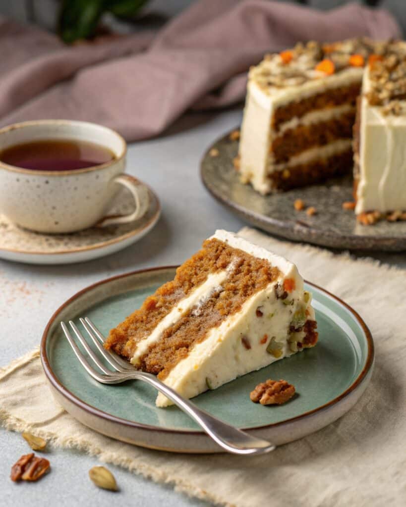 slice of vegan carrot cake served