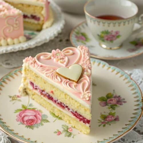Slice of Lambeth heart cake with scroll piping on floral plate