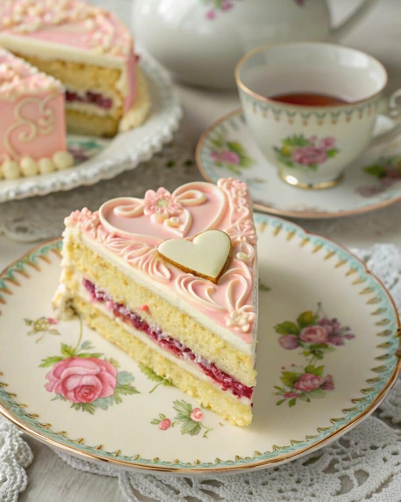 Slice of Lambeth heart cake with scroll piping on floral plate