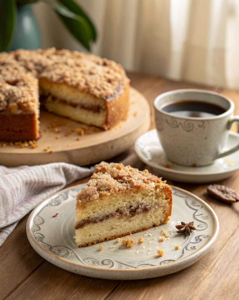 Served slice of homemade coffee cake