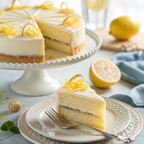 Slice of limoncello mascarpone cake served with lemon garnish