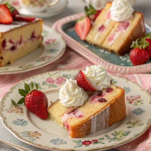 slices of strawberry pound cake served with whippe