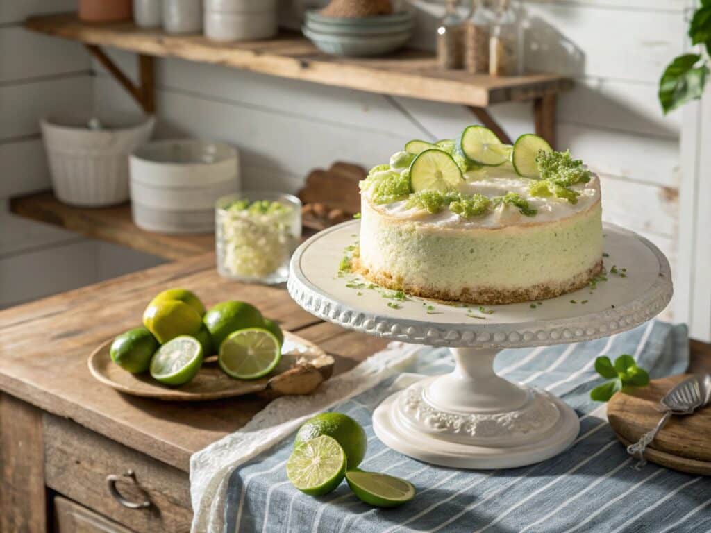 Southern homemade key lime cake recipe on cake stand