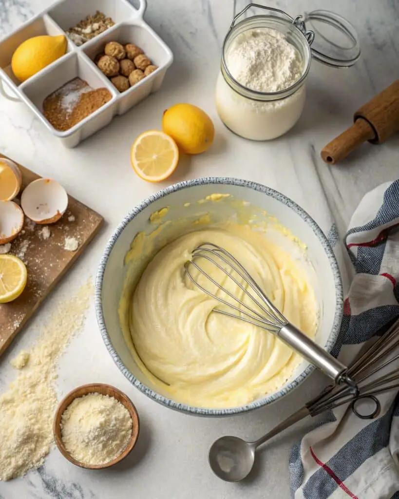 Whipped batter for limoncello mascarpone cake in a bowl
