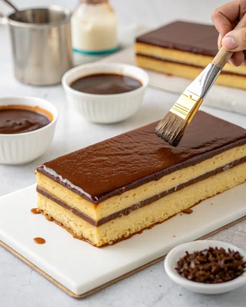 Brushing coffee syrup on almond sponge for opera cake